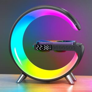 DEECOZY Multi Functional Wireless Charger Atmosphere Lamp, Intelligent Bluetooth Speaker LED Table Lamp,256 Lights Mode Dimmable Night Light Bedside Lamp Alarm Clock with Music Sync App Control(Black) -