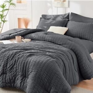 HYMOKEGE Queen Comforter Set Seersucker 7 Pieces, All Season Luxury Bed in a Bag for Bedroom, Bedding Set with Comforters, Sheets, Pillowcases & Shams, Dark Grey : Home & Kitchen
