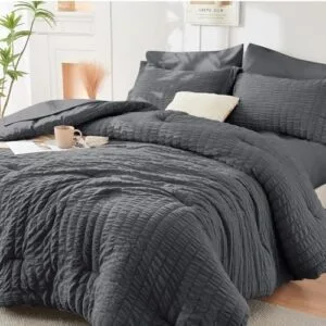 HYMOKEGE Queen Comforter Set Seersucker 7 Pieces, All Season Luxury Bed in a Bag for Bedroom, Bedding Set with Comforters, Sheets, Pillowcases & Shams, Dark Grey : Home & Kitchen