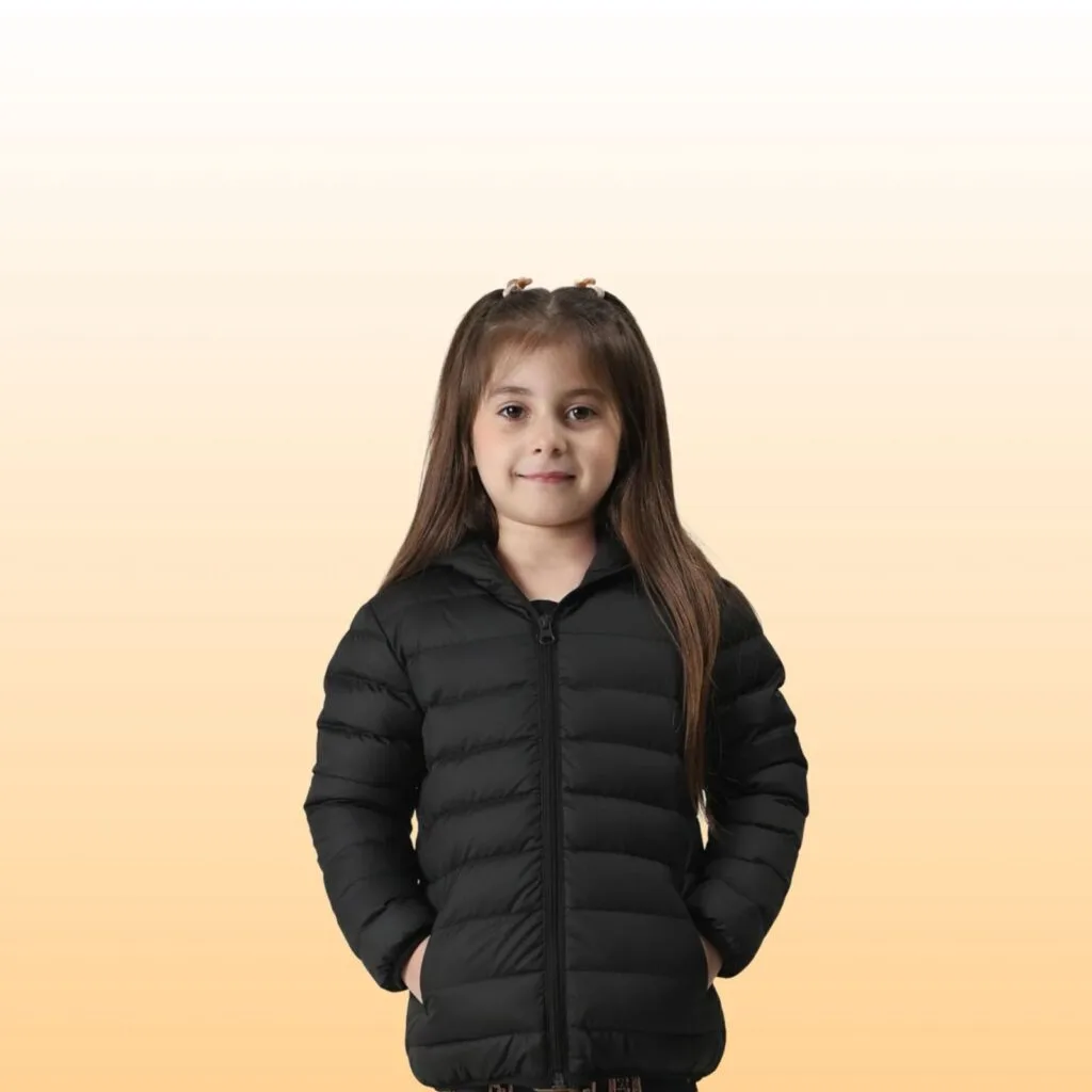Cozy black puffer jacket for kids by Pryme, stylish and warm winter outerwear.